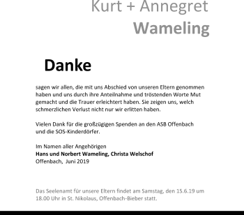 Todesanzeige von Kurt und Annegret Wameling von Offenbach