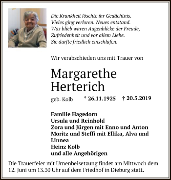 Todesanzeige von Margarethe Herterich von Offenbach