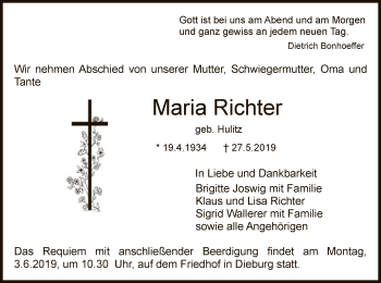 Todesanzeige von Maria Richter von Offenbach