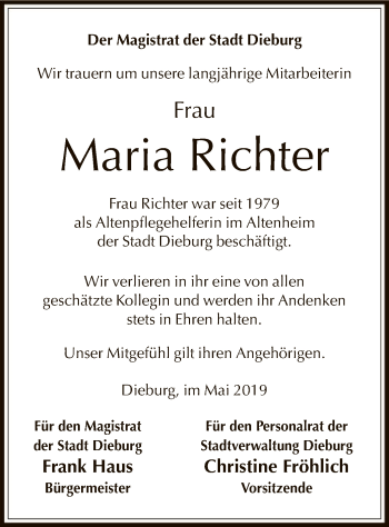 Todesanzeige von Maria Richter von Offenbach