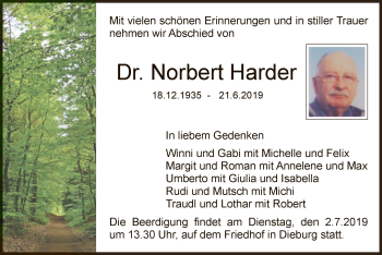 Todesanzeige von Norbert Harder von Offenbach