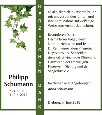 Todesanzeige von Philipp Schumann von Offenbach