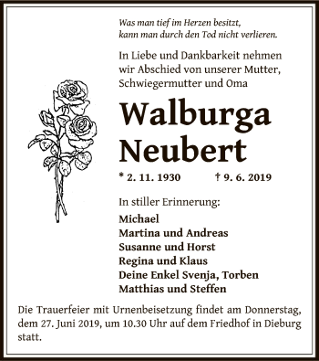 Todesanzeige von Walburga Neubert von Offenbach