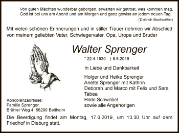 Todesanzeige von Walter Sprenger von Offenbach