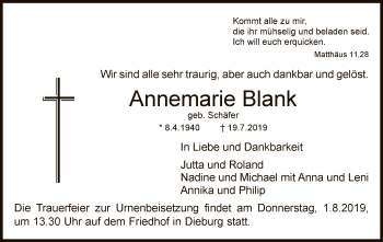 Todesanzeige von Annemarie Blank von Offenbach