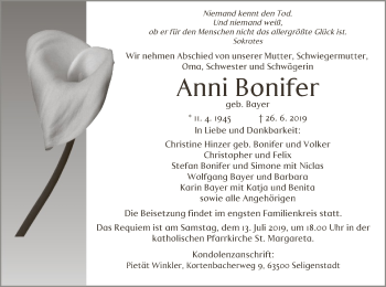 Todesanzeige von Anni Bonifer von Offenbach