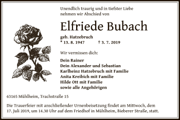 Todesanzeige von Elfriede Bubach von Offenbach