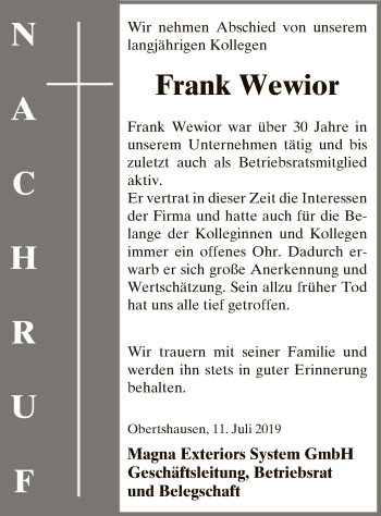 Todesanzeige von Frank Wewior von Offenbach
