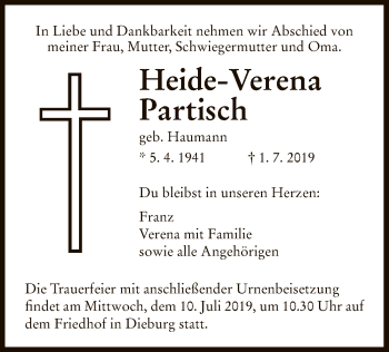 Todesanzeige von Heide-Verena Partisch von Offenbach