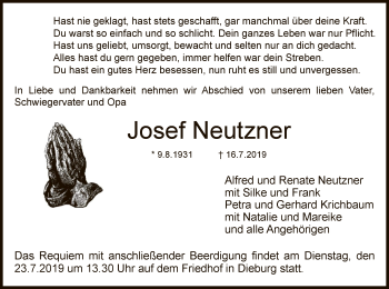 Todesanzeige von Josef Neutzner von Offenbach