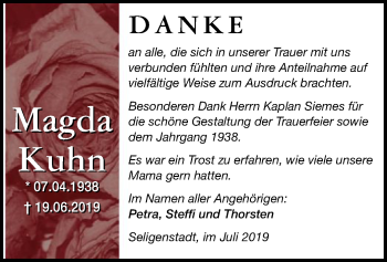 Todesanzeige von Magda Kuhn von Offenbach