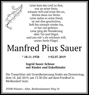 Todesanzeige von Manfred Pius Sauer von Offenbach