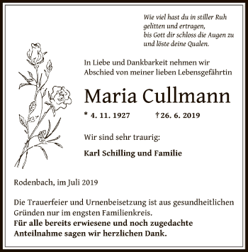 Todesanzeige von Maria Cullmann von Offenbach