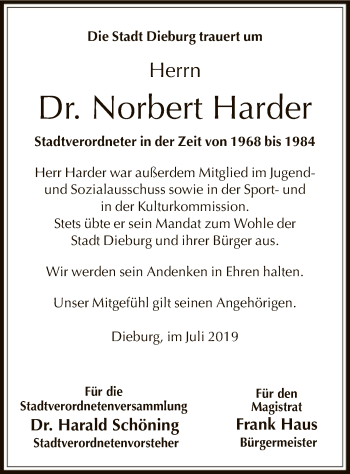 Todesanzeige von Norbert Harder von Offenbach