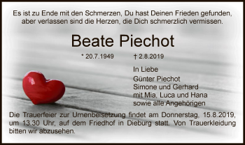 Todesanzeige von Beate Piechot von Offenbach