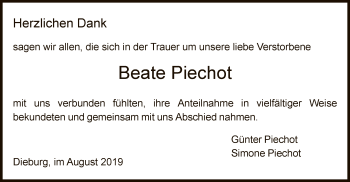 Todesanzeige von Beate Piechot von Offenbach