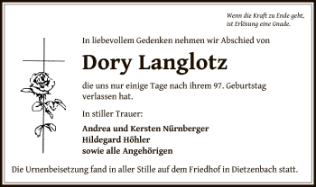 Todesanzeige von Dory Langlotz von Offenbach