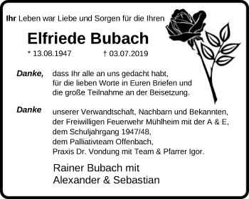 Todesanzeige von Elfriede Bubach von Offenbach
