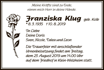Todesanzeige von Franziska Klug von Offenbach