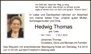 Todesanzeige von Hedwig Thomas von Offenbach