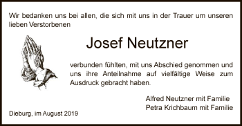 Todesanzeige von Josef Neutzner von Offenbach
