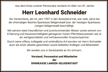 Todesanzeige von Leonhard Schneider von Offenbach