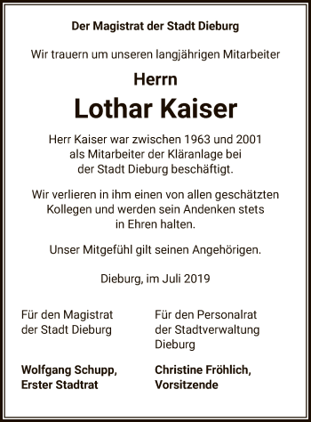 Todesanzeige von Lothar Kaiser von Offenbach