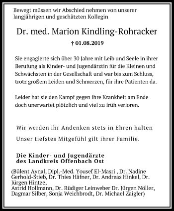 Todesanzeige von Marion Kindling-Rohracker von Offenbach