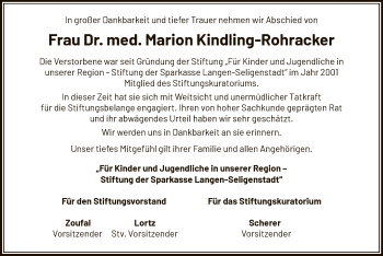 Todesanzeige von Marion Kindling-Rohracker von Offenbach