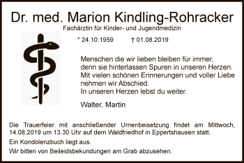 Todesanzeige von Marion Kindling-Rohracker von Offenbach