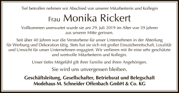 Todesanzeige von Monika Rickert von Offenbach