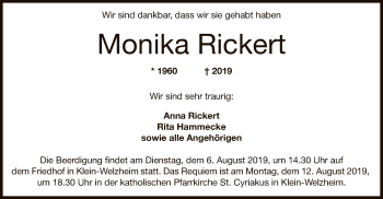 Todesanzeige von Monika Rickert von Offenbach