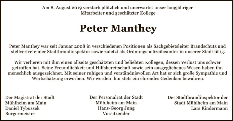  Traueranzeige für Peter Manthey vom 22.08.2019 aus Offenbach