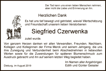 Todesanzeige von Siegfried Czerwenka von Offenbach