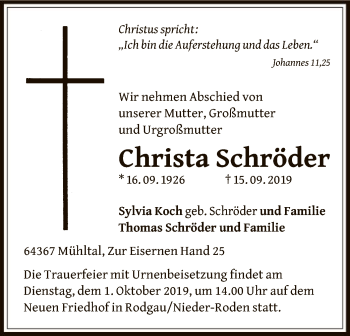 Todesanzeige von Christa Schröder von Offenbach