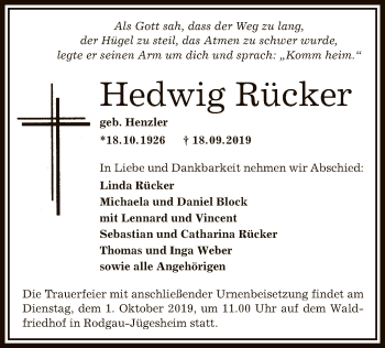 Todesanzeige von Hedwig Rücker von Offenbach