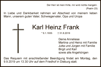 Todesanzeige von Karl Heinz Frank von Offenbach