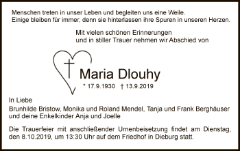 Todesanzeige von Maria Dlouhy von Offenbach