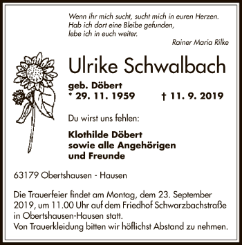Todesanzeige von Ulrike Schwalbach von Offenbach