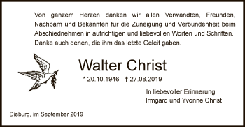 Todesanzeige von Walter Christ von Offenbach