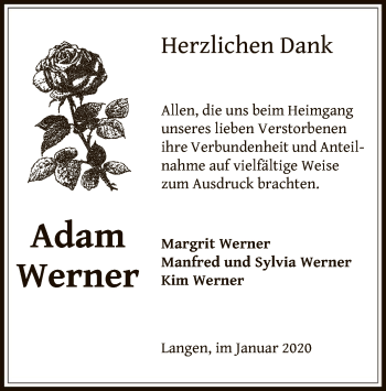 Todesanzeige von Adam Werner von Offenbach