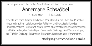 Todesanzeige von Annemarie Schwöbel von Offenbach