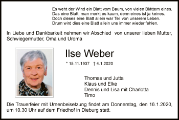 Todesanzeige von Ilse Weber von Offenbach