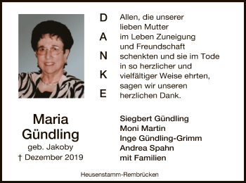 Todesanzeige von Maria Gündling von Offenbach