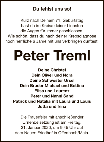 Todesanzeige von Peter Treml von Offenbach