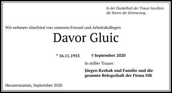 Todesanzeige von Davor Gluic von OF