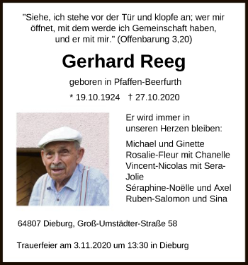 Todesanzeige von Gerhard Reeg von OF