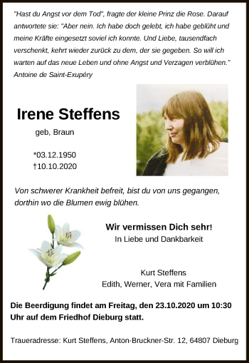 Todesanzeige von Irene Steffens von OF