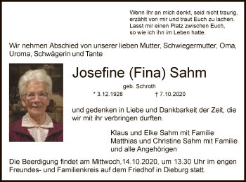 Todesanzeige von Josefine Sahm von OF