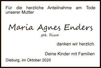 Todesanzeige von Maria Agnes Enders von OF